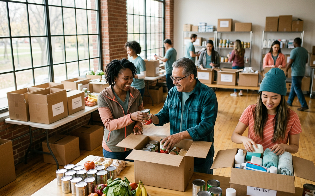 Volunteers organizing relief supplies in a community center